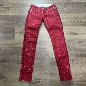 True Religion Womens Size 25 Stella Jeans Red with White Dots Painted Look   
